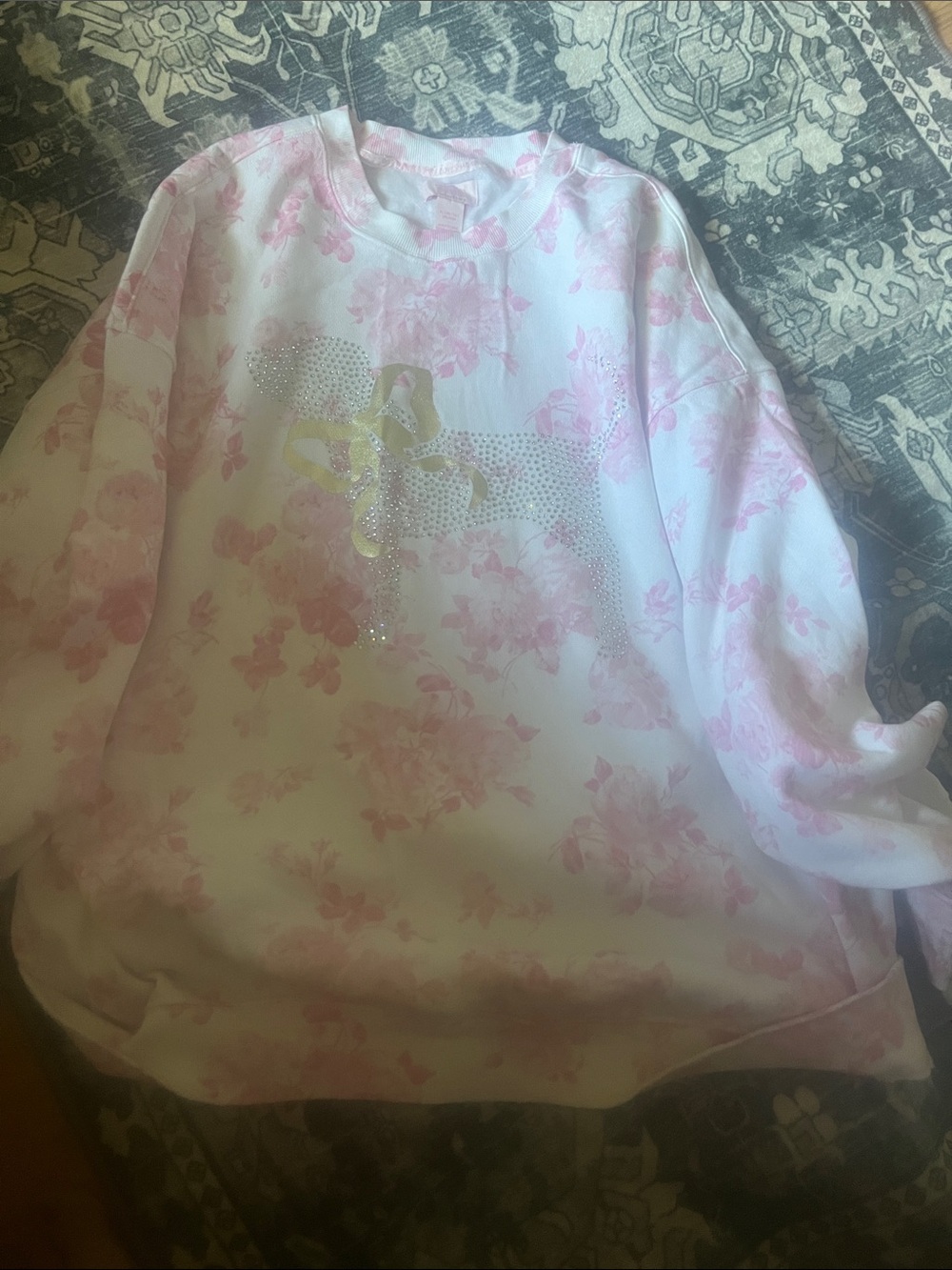 PINK Victoria's Secret White & Light Pink Floral Rhinestone Sweatshirt